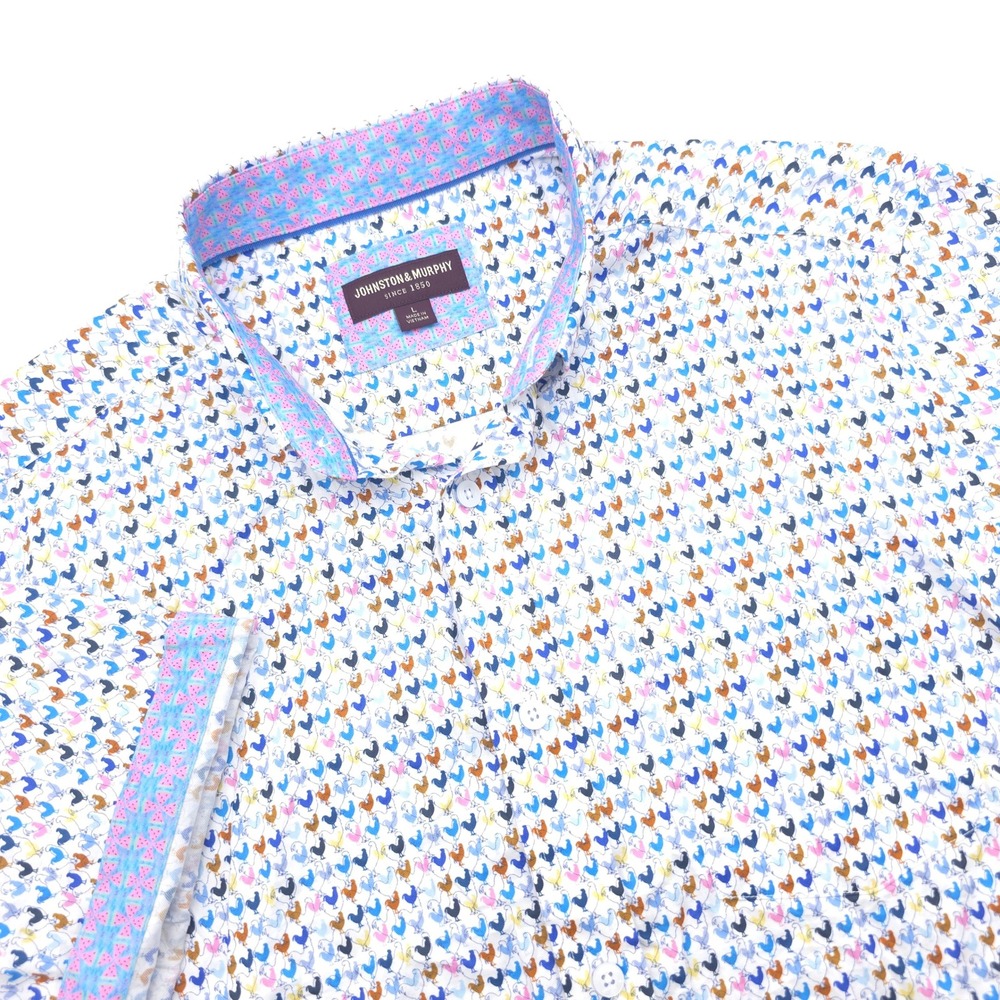 Johnston & Murphy Mens Large Rooster Print Short Sleeve Button Down Shirt White